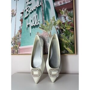 ASOS Design Ivory White Satin Ballet Flats Pearl Rhinestone Pointed Toe Size 11